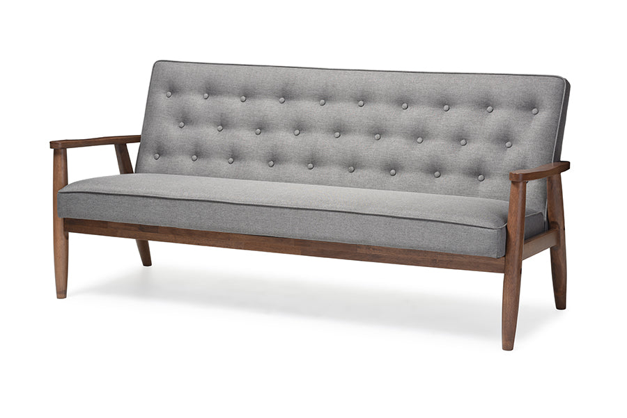 baxton studio sorrento mid century retro modern grey fabric upholstered wooden 3 seater sofa | Modish Furniture Store-2