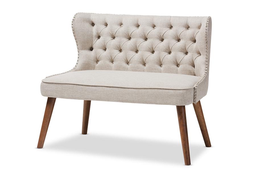 baxton studio scarlett mid century modern brown wood and light beige fabric upholstered button tufting with nail heads trim 2 seater loveseat settee | Modish Furniture Store-2