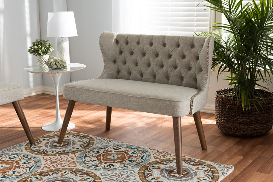 Baxton Studio Scarlett Mid-Century Modern Brown Wood and Light Beige Fabric Upholstered Button-Tufting with Nail Heads Trim 2-Seater Loveseat Settee | Modishstore | Loveseats
