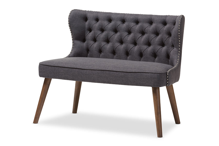 baxton studio scarlett mid century modern brown wood and light beige fabric upholstered button tufting with nail heads trim 2 seater loveseat settee | Modish Furniture Store-4