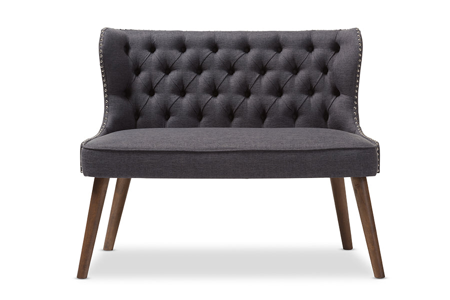 baxton studio scarlett mid century modern brown wood and light beige fabric upholstered button tufting with nail heads trim 2 seater loveseat settee | Modish Furniture Store-5