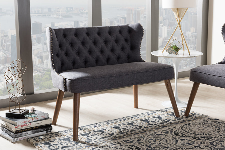 baxton studio scarlett mid century modern brown wood and light beige fabric upholstered button tufting with nail heads trim 2 seater loveseat settee | Modish Furniture Store-3