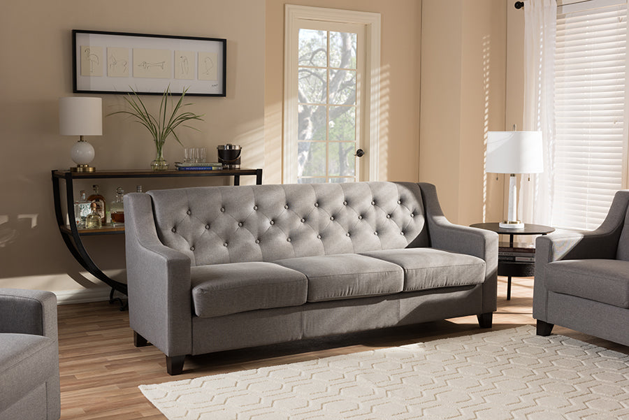 Baxton Studio Arcadia Modern and Contemporary Grey Fabric Upholstered Button-Tufted Living Room 3-Seater Sofa | Modishstore | Sofas