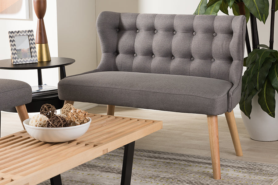 Baxton Studio Melody Mid-Century Modern Grey Fabric and Natural Wood Finishing 2-Seater Settee Bench | Modishstore | Stools & Benches