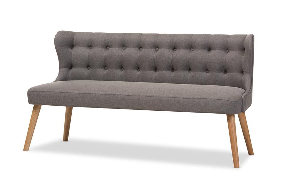 baxton studio melody mid century modern grey fabric and natural wood finishing 3 seater settee bench | Modish Furniture Store-2
