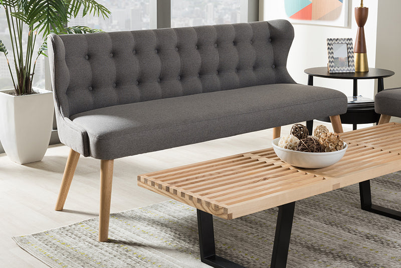 Baxton Studio Melody Mid-Century Modern Grey Fabric and Natural Wood Finishing 3-Seater Settee Bench | Modishstore | Stools & Benches