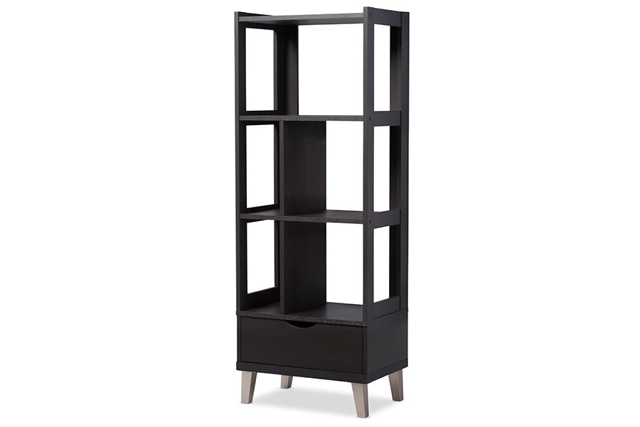 baxton studio kalien modern and contemporary dark brown wood leaning bookcase with display shelves and one drawer | Modish Furniture Store-2