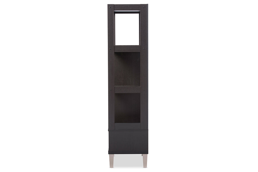 baxton studio kalien modern and contemporary dark brown wood leaning bookcase with display shelves and one drawer | Modish Furniture Store-3