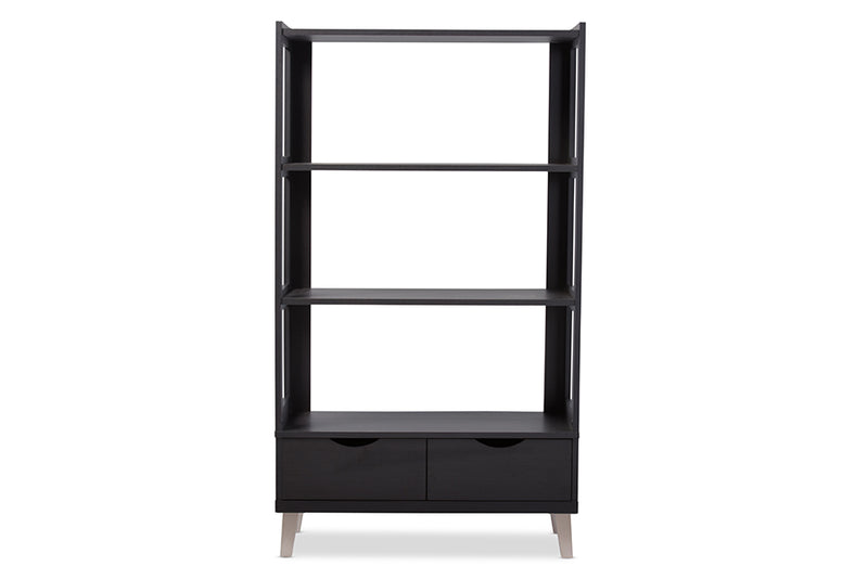 Baxton Studio Kalien Modern and Contemporary Dark Brown Wood Leaning Bookcase with Display Shelves and Two Drawers | Modishstore | Bookcases