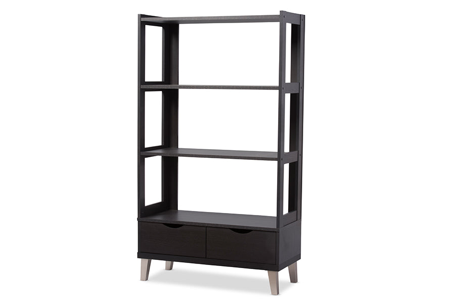 baxton studio kalien modern and contemporary dark brown wood leaning bookcase with display shelves and two drawers | Modish Furniture Store-2