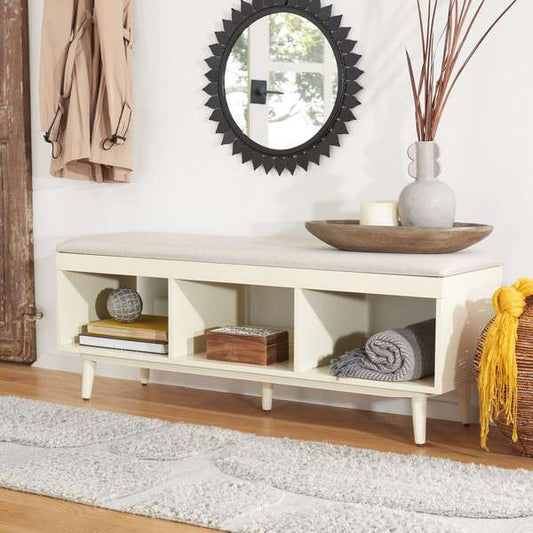 Safavieh Cricket Open Shelf Bench W/ Cushion - Cream Linen | Benches | Modishstore