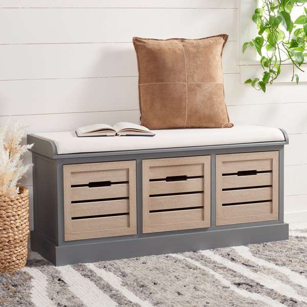 Safavieh Briar 3 Drawer Cushion Bench - Distressed Gray Frame | Benches | Modishstore