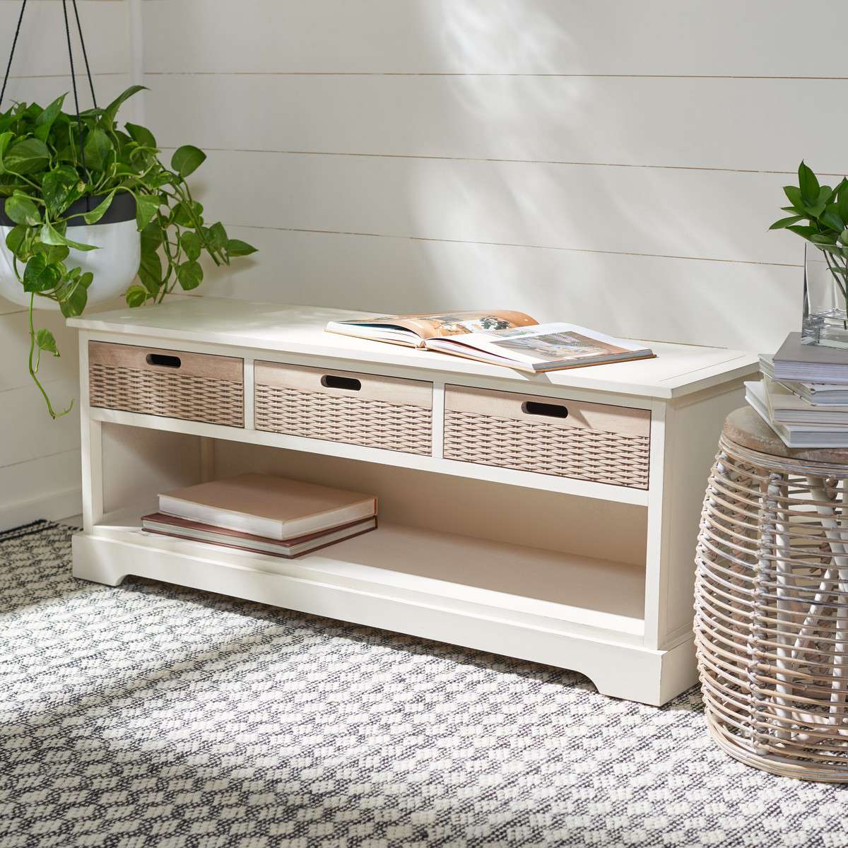 Safavieh Landers 3 Drawer Storage Bench - Distressed White | Benches | Modishstore - 4