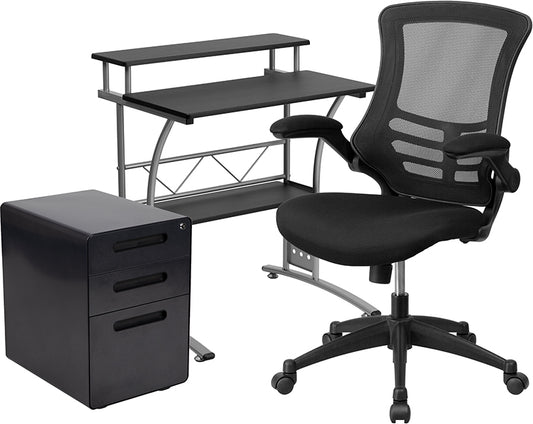 Work From Home Kit - Black Computer Desk, Ergonomic Mesh Office Chair and Locking Mobile Filing Cabinet with Inset Handles | Office Chairs | Modishstore