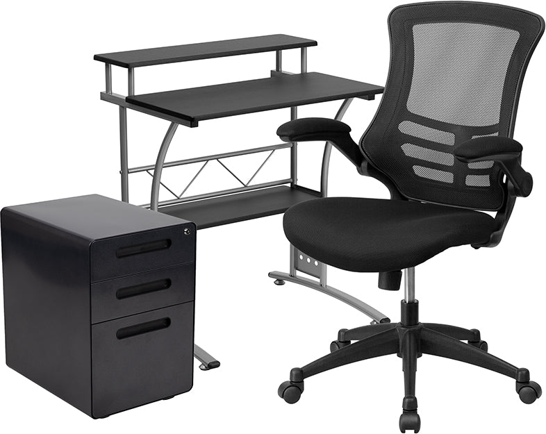 Work From Home Kit - Black Computer Desk, Ergonomic Mesh Office Chair and Locking Mobile Filing Cabinet with Inset Handles | Office Chairs | Modishstore - 1