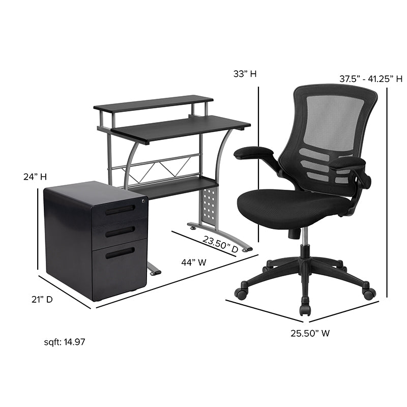 Work From Home Kit - Black Computer Desk, Ergonomic Mesh Office Chair and Locking Mobile Filing Cabinet with Inset Handles | Office Chairs | Modishstore-9