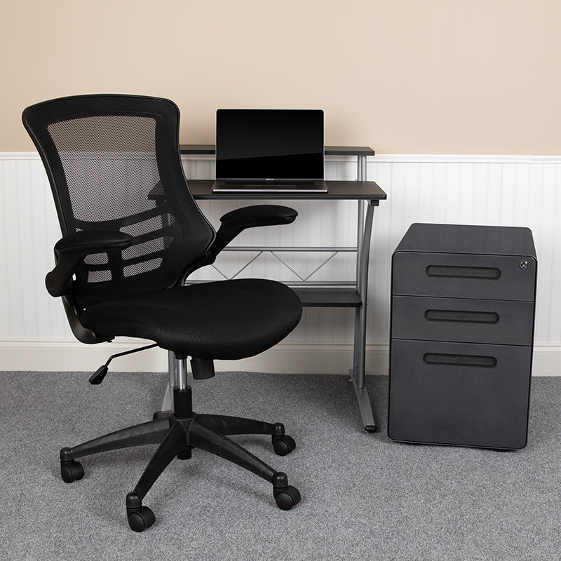 Work From Home Kit - Black Computer Desk, Ergonomic Mesh Office Chair and Locking Mobile Filing Cabinet with Inset Handles | Office Chairs | Modishstore - 2