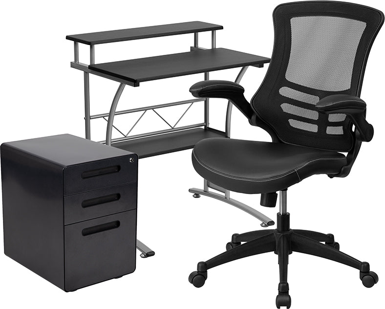 Work From Home Kit - Black Computer Desk, Ergonomic Mesh/Leather Soft Office Chair and Locking Mobile Filing Cabinet | Office Chairs | Modishstore - 1