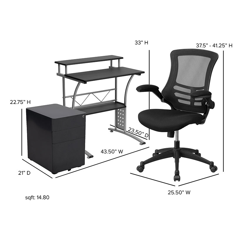 Work From Home Kit - Black Computer Desk, Ergonomic Mesh Office Chair and Locking Mobile Filing Cabinet with Side Handles | Office Chairs | Modishstore-8
