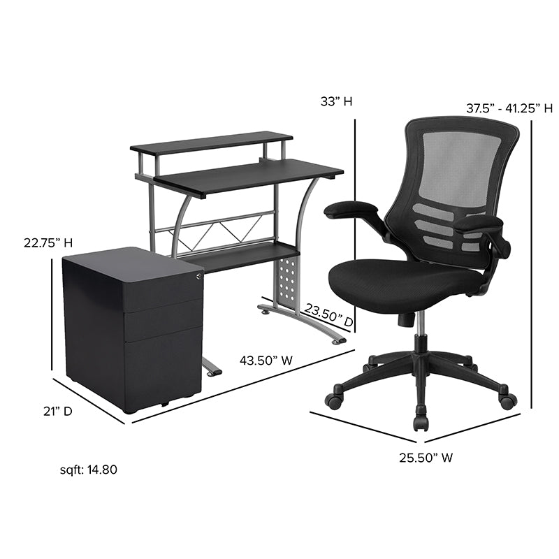 Work From Home Kit - Black Computer Desk, Ergonomic Mesh Office Chair and Locking Mobile Filing Cabinet with Side Handles | Office Chairs | Modishstore - 8