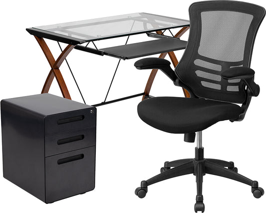 Work From Home Box - Glass Desk with Keyboard Tray, Ergonomic Mesh Office Chair & Filing Cabinet with Lock & Inset Handles | Office Chairs | Modishstore
