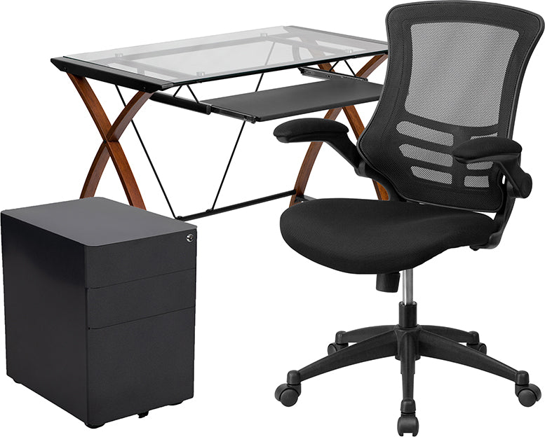 Work From Home Kit - Glass Desk with Keyboard Tray, Ergonomic Mesh Office Chair and Filing Cabinet with Lock & Side Handles | Office Chairs | Modishstore