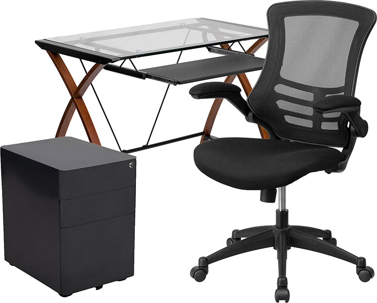 Work From Home Kit - Glass Desk with Keyboard Tray, Ergonomic Mesh Office Chair and Filing Cabinet with Lock & Side Handles | Office Chairs | Modishstore - 1