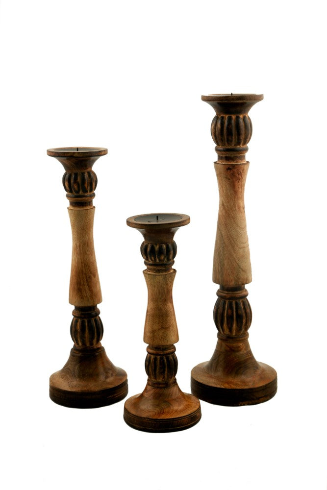 Benzara Mango Wood Vintage Style Candleholder/Candlestick, Set Of 3, Brown By Benzara | Candle Holders |  Modishstore  - 4