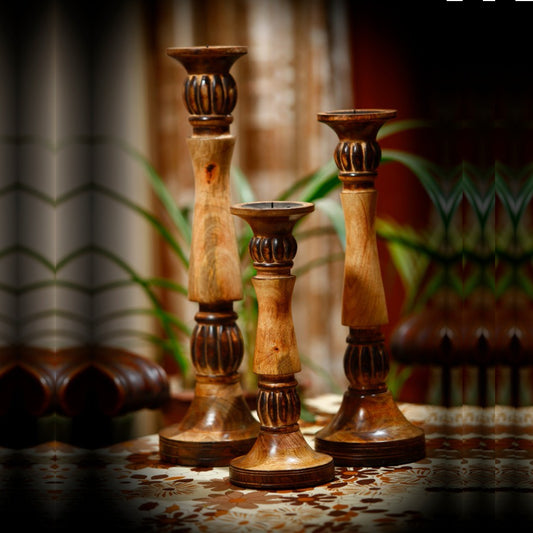 Benzara Mango Wood Vintage Style Candleholder/Candlestick, Set Of 3, Brown By Benzara | Candle Holders |  Modishstore 