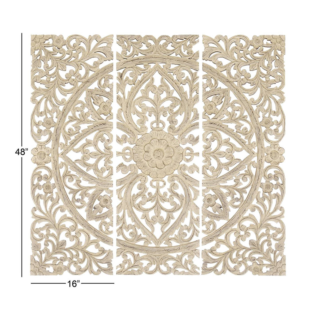Benzara Floral Hand Carved Wooden Wall Plaque, Set Of Three, Antique White  By Benzara | Wall Decor |  Modishstore  - 4