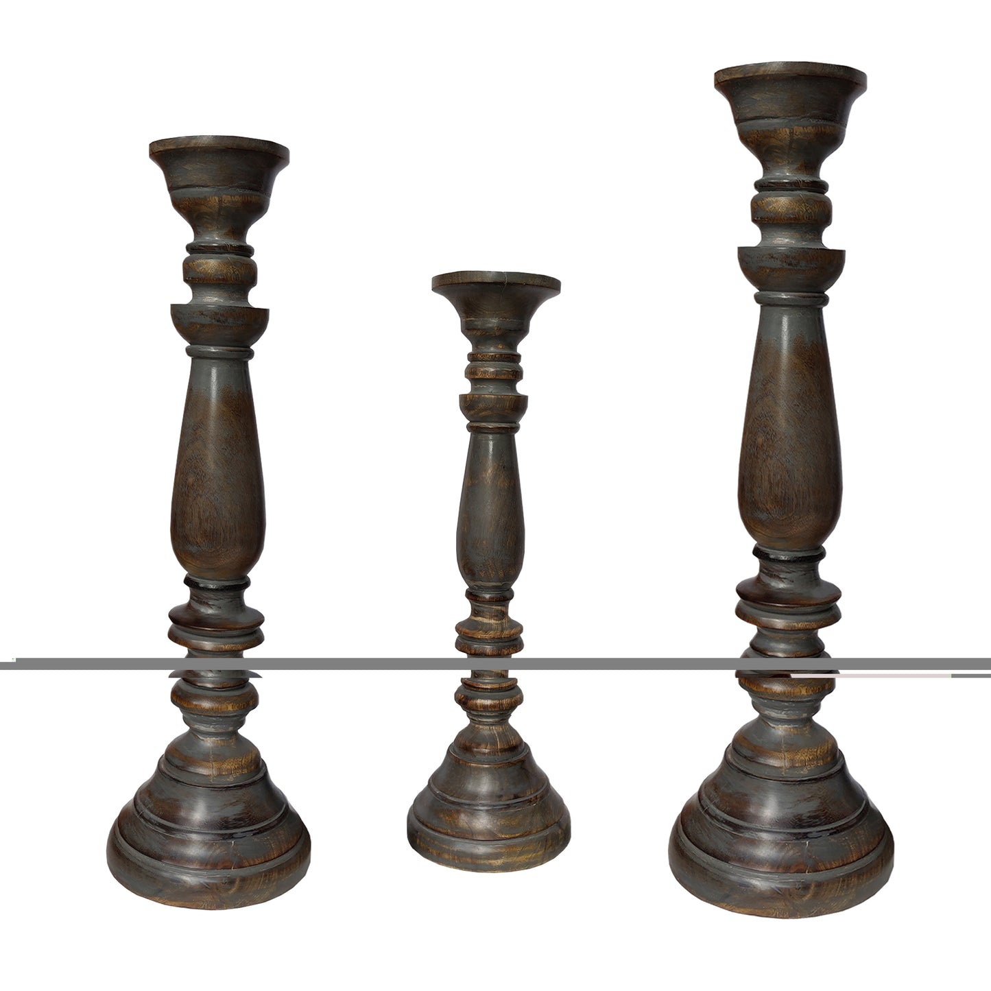 Handmade Pillar Shape Wooden Candle Holder With Flared Top, Brown And Gray, Set Of 3 By Benzara | Candle Holders |  Modishstore  - 2