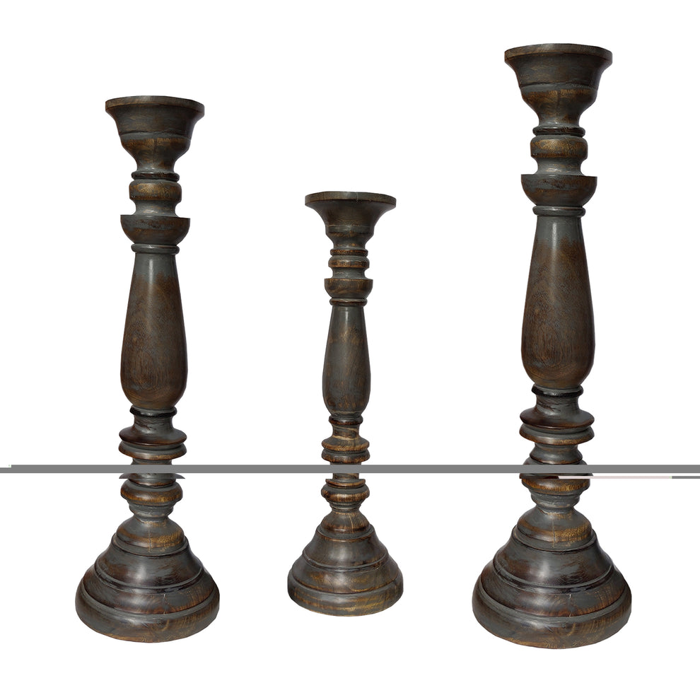 Handmade Pillar Shape Wooden Candle Holder With Flared Top, Brown And Gray, Set Of 3 By Benzara | Candle Holders |  Modishstore  - 2