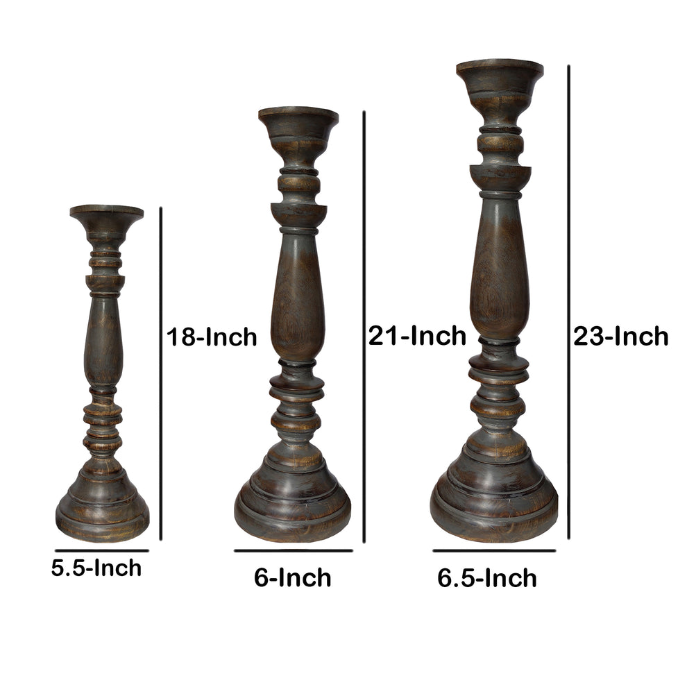 Handmade Pillar Shape Wooden Candle Holder With Flared Top, Brown And Gray, Set Of 3 By Benzara | Candle Holders |  Modishstore  - 6