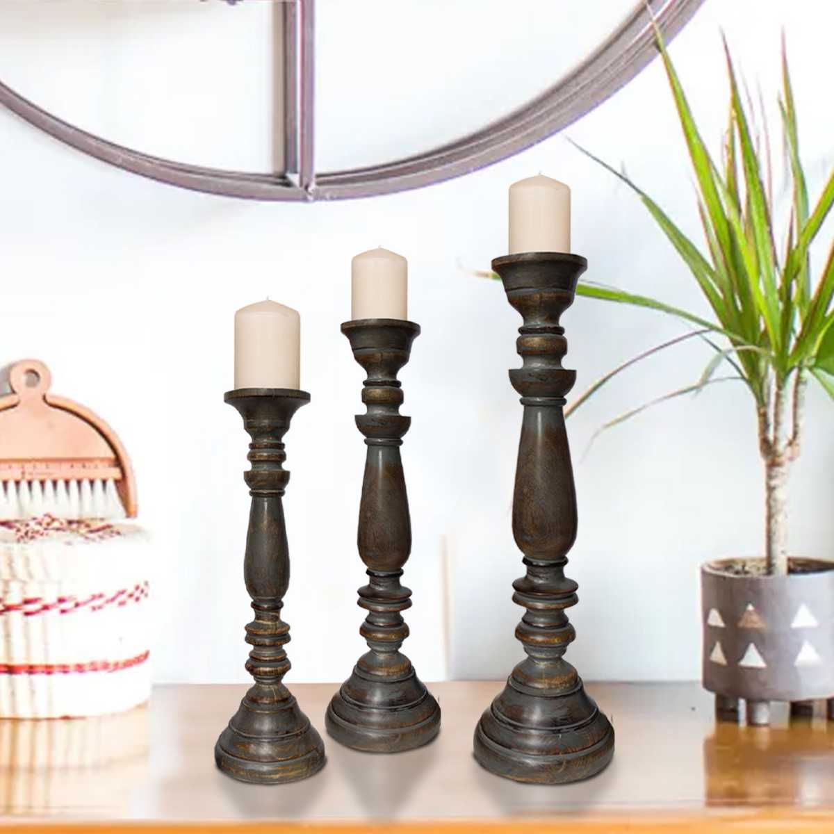 Handmade Pillar Shape Wooden Candle Holder With Flared Top, Brown And Gray, Set Of 3 By Benzara | Candle Holders |  Modishstore 