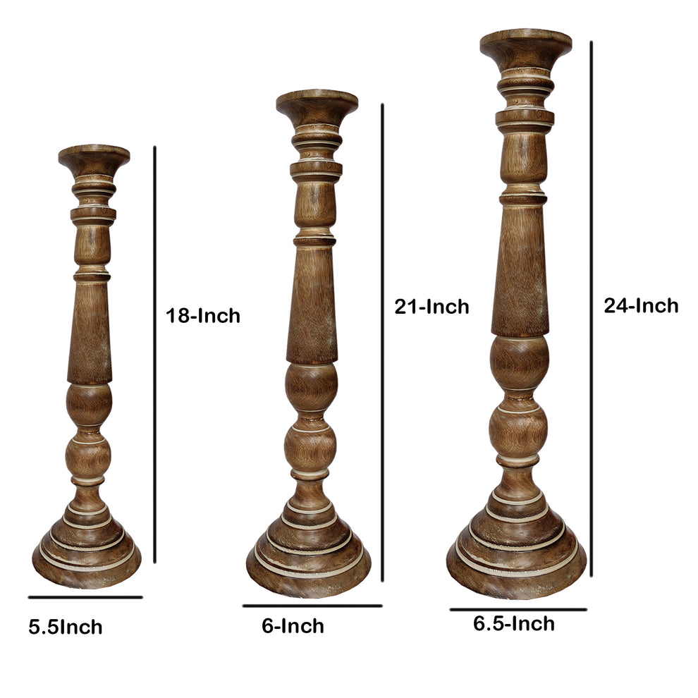 Handmade Wooden Candle Holder With Flared Top, Natural Brown, Set Of 3 By Benzara | Candle Holders |  Modishstore  - 6