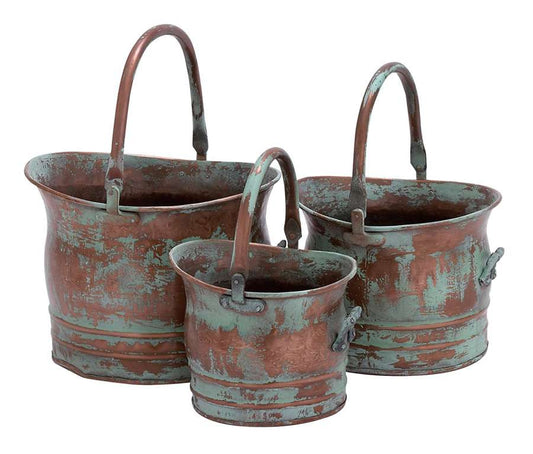 Green Tinged Metal Bucket Planter With Handles, Set Of 3 By Benzara | Planters, Troughs & Cachepots |  Modishstore 