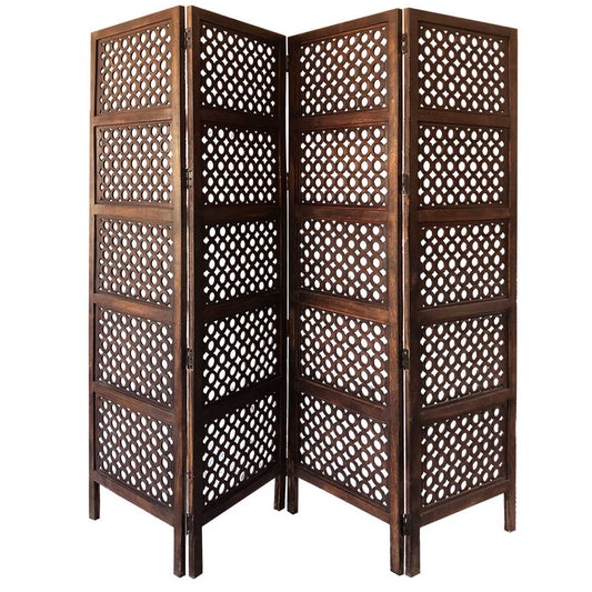 Decorative Four Panel Mango Wood Hinged Room Divider With Circular Cutout Design, Brown By Benzara | Room Divider |  Modishstore 