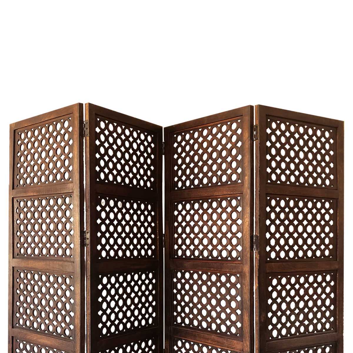 Decorative Four Panel Mango Wood Hinged Room Divider With Circular Cutout Design, Brown By Benzara | Room Divider |  Modishstore  - 4