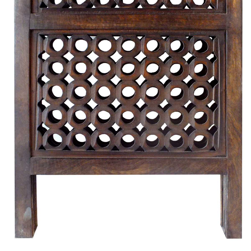 Decorative Four Panel Mango Wood Hinged Room Divider With Circular Cutout Design, Brown By Benzara | Room Divider |  Modishstore  - 2