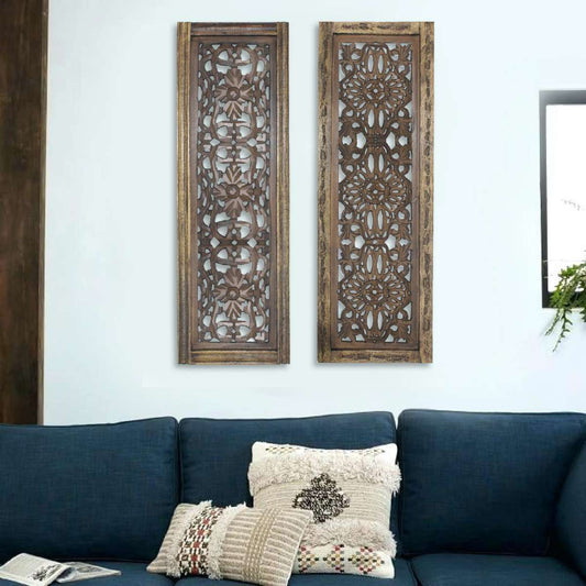 Benzara Floral Hand Carved Wooden Wall Panels, Assortment Of Two, Brown | Wall Decor |  Modishstore 