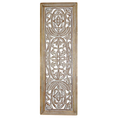 Rectangular Mango Wood Wall Panel Hand Crafted With Intricate Carving, White And Brown  By Benzara