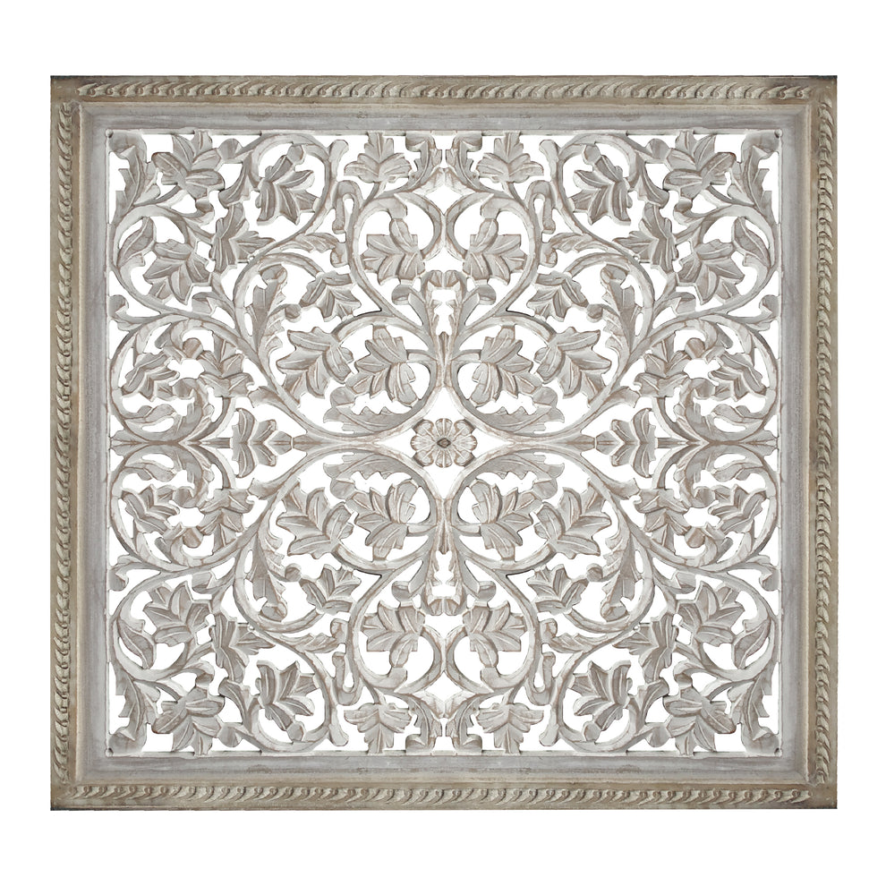 Square Shape Wooden Wall Panel With Cutout Sprig Pattern, Distressed White By Benzara | Wall Decor |  Modishstore  - 4