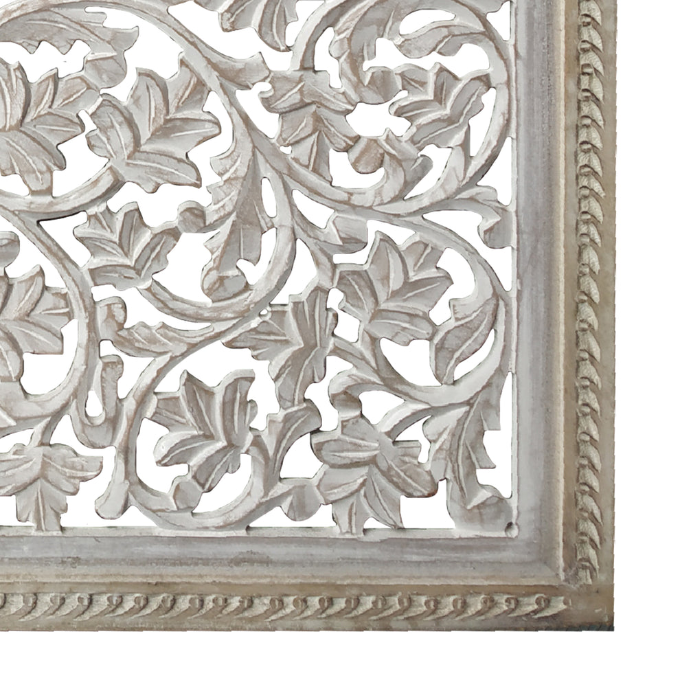Square Shape Wooden Wall Panel With Cutout Sprig Pattern, Distressed White By Benzara | Wall Decor |  Modishstore  - 5