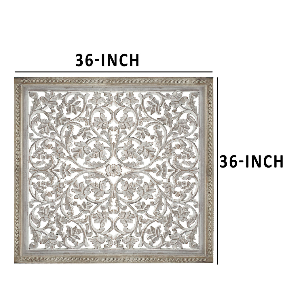 Square Shape Wooden Wall Panel With Cutout Sprig Pattern, Distressed White By Benzara | Wall Decor |  Modishstore  - 2