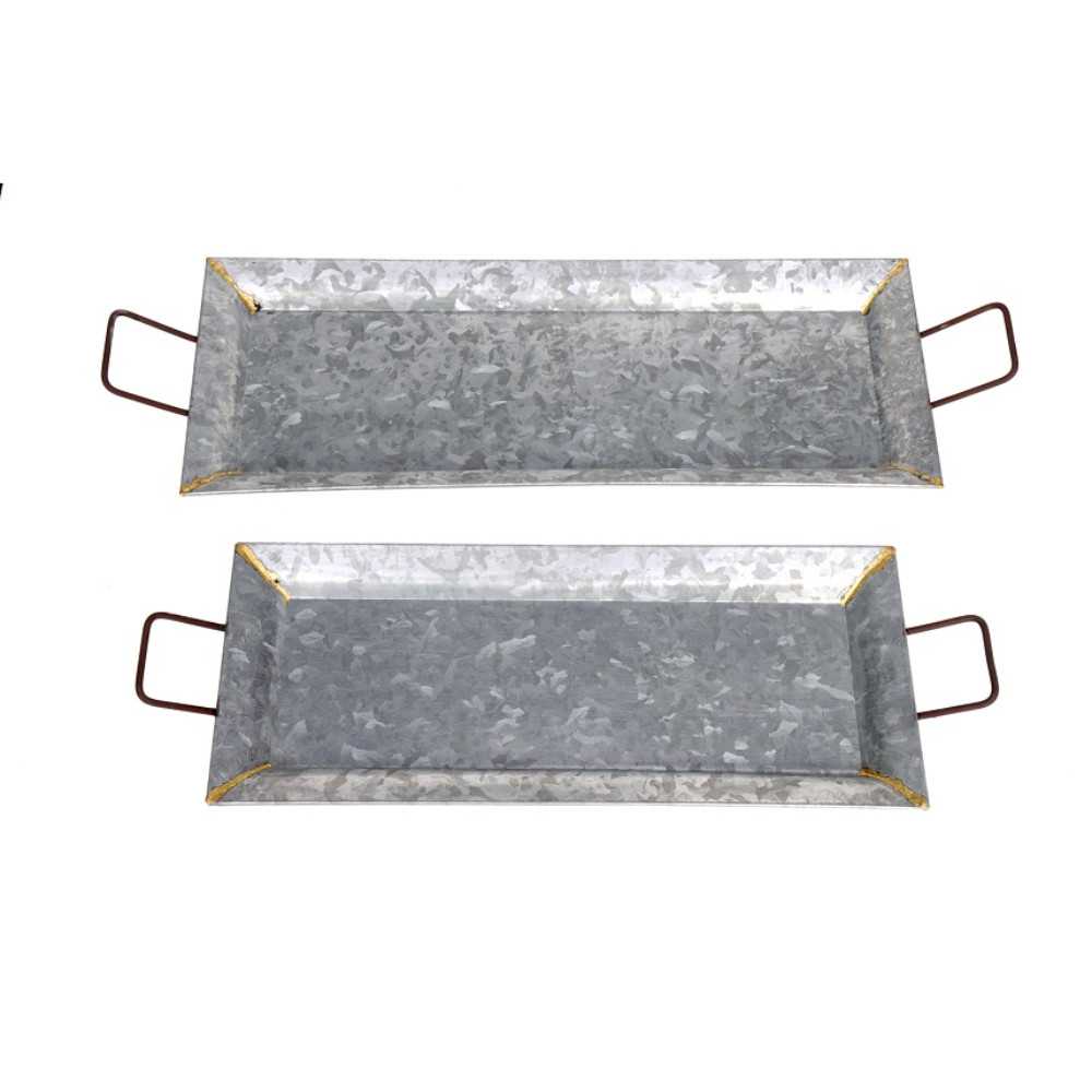 Rectangular Shaped Metal Galvanized Trays, Set Of 2, Silver By Benzara | Decorative Trays & Dishes |  Modishstore 