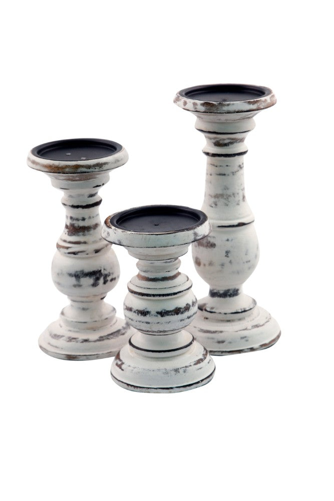 Turned Design Wooden Candle Holder With Distressed Details, Set Of 3 | Candle Holders |  Modishstore  - 3