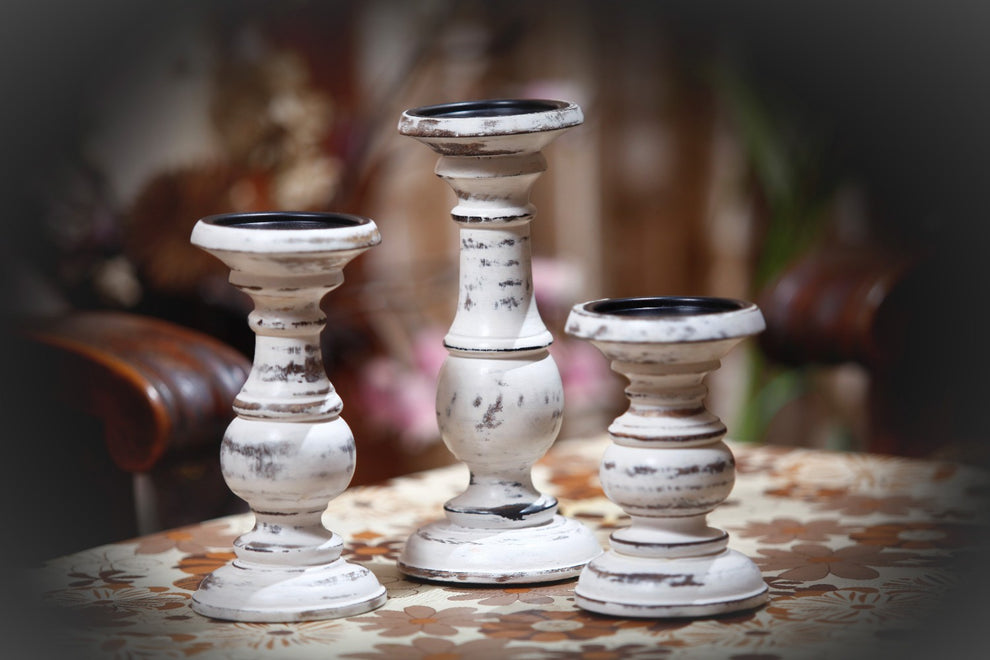 Turned Design Wooden Candle Holder With Distressed Details, Set Of 3 | Candle Holders |  Modishstore  - 2