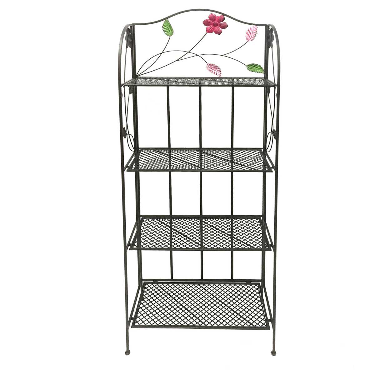 Four Tier Metal Foldable Bakers Rack With Flower Motifs, Black By Benzara | Shelves & Shelving Units |  Modishstore  - 2
