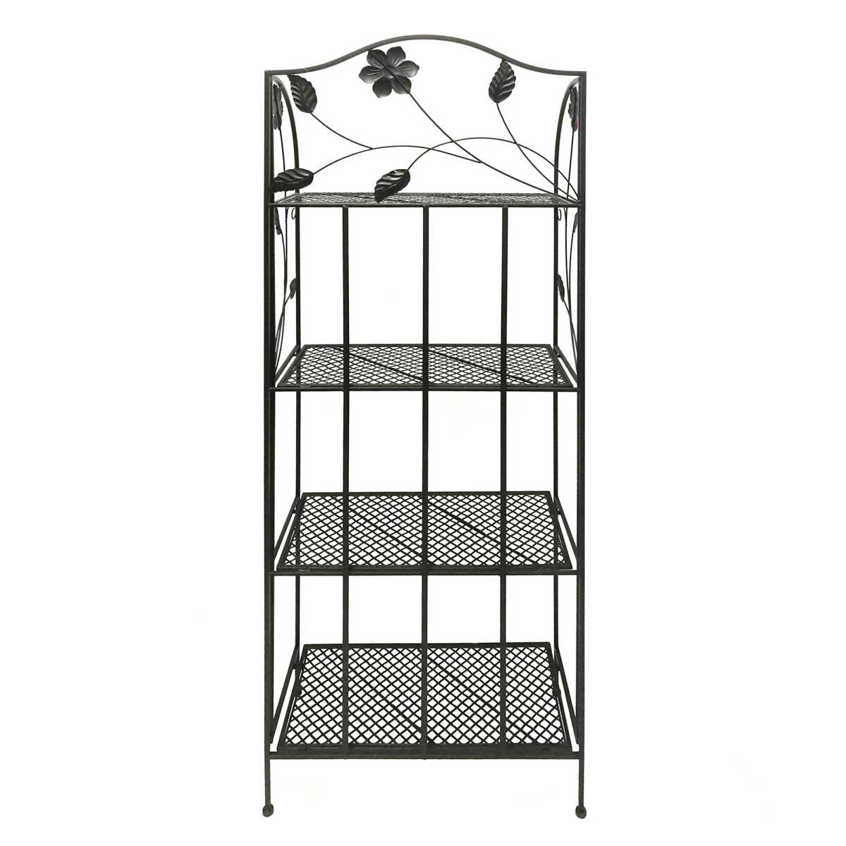 Four Tier Metal Foldable Bakers Rack With Flower Motifs, Black By Benzara | Shelves & Shelving Units |  Modishstore  - 5