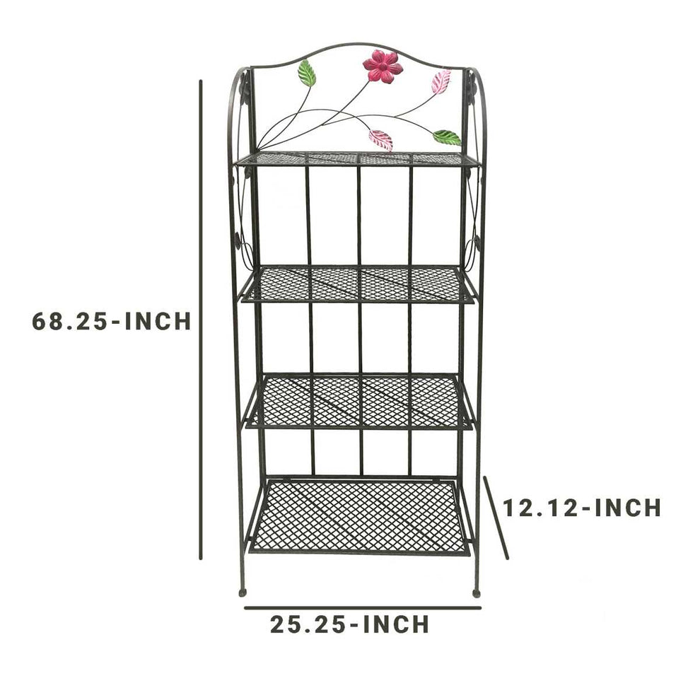 Four Tier Metal Foldable Bakers Rack With Flower Motifs, Black By Benzara | Shelves & Shelving Units |  Modishstore  - 6